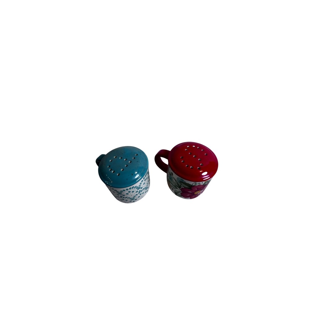 The Pioneer Woman Salt and Pepper Shaker Set OS Teal Red Floral Ceramic Kitchen